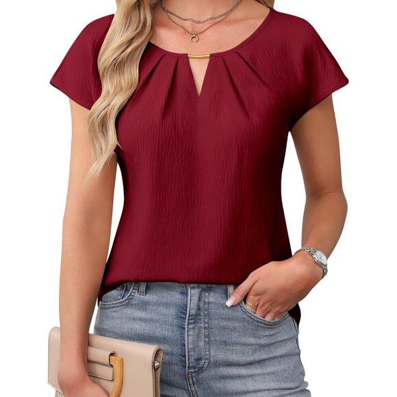 Tops - Short Sleeve Pleated Blouse, Lightweight Textured Fabric, Business Casual Top